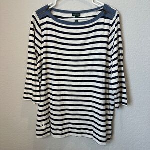 Lauren Ralph Lauren Navy & White Stripe Denim Detail 100% Cotton Nautical Top 1X